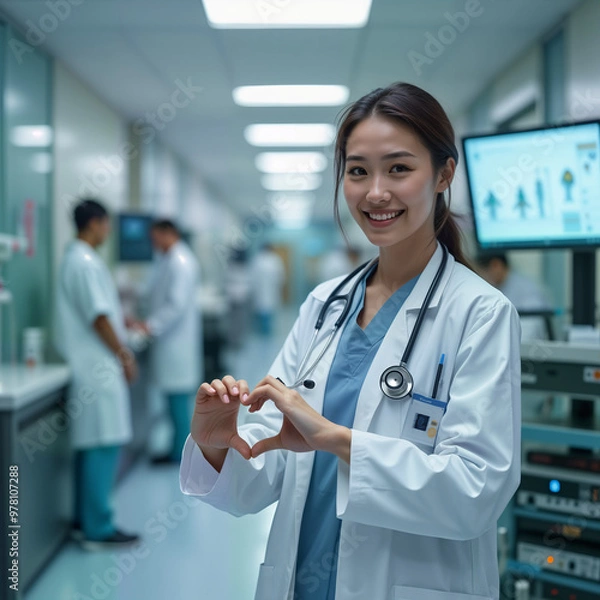 Fototapeta Cheerful female doctor forms a heart shape with her hands in a modern hospital, symbolizing compassion in medical research. For healthcare marketing, scientific articles, and patient care promotions