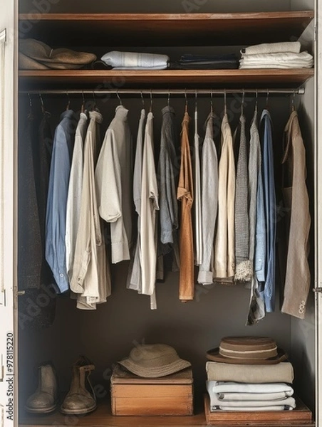 Fototapeta Organized Wardrobe with Neatly Arranged Clothes and Storage