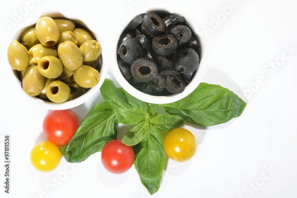 Obraz Appetizers, Black Olives, Green Olives, Tomato, Basil