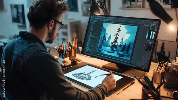 Fototapeta Digital Artist Working on Illustration with Computer and Pen Tablet