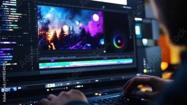 Fototapeta A motion designer editing a colorful animated scene in a video editing software, with layers and timelines visible.