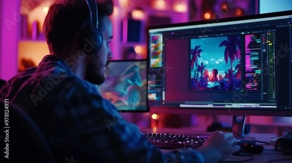 Obraz A motion designer editing a colorful animated scene in a video editing software, with layers and timelines visible.