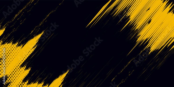 Obraz Halftone yellow dots pattern and black gradient grunge texture background. Dotted line comic sport style vector illustration.