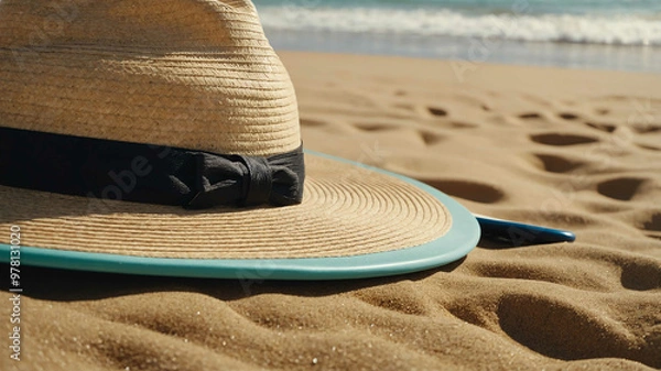 Fototapeta Wide brimmed hat lying on a sandy beach with a surfboard leaning nearby