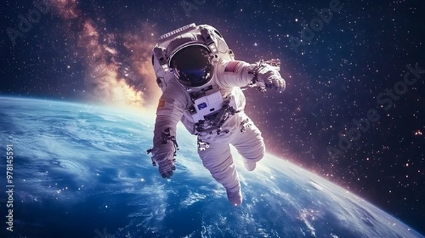 Fototapeta An astronaut gracefully floating in zero gravity above the blue and green Earth, the Milky Way arching across the star-filled sky in the background, soft cosmic light