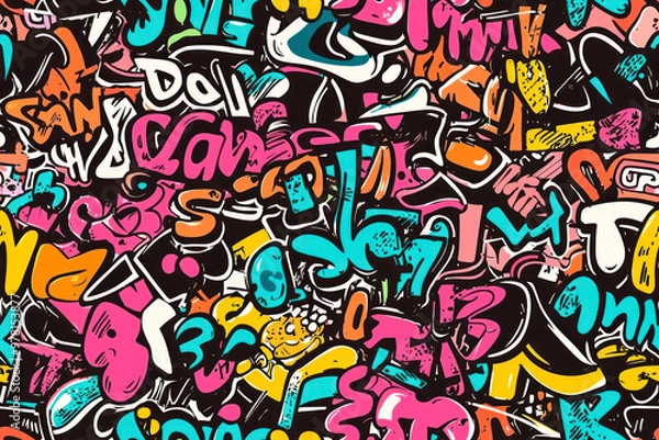 Fototapeta Abstract seamless pattern with graffiti words stickers on retro style. Cool colorful background.