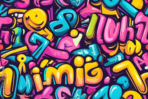 Fototapeta Abstract seamless pattern with graffiti words stickers on retro style. Cool colorful background.
