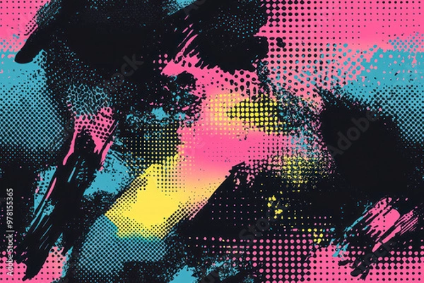Obraz Glitch distorted grungy abstract forms . Cyber punk seamless pattern texture. Halftone dots.