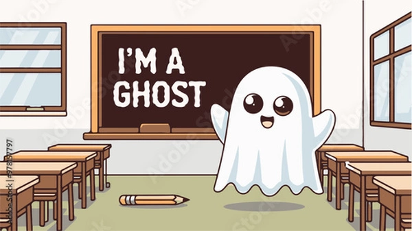 Fototapeta Cute Ghost in Classroom with Cheerful Message