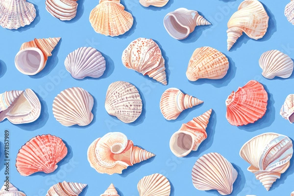 Fototapeta Shells seamless pattern. Hand drawn seashells on blue background. Marine inspired design.