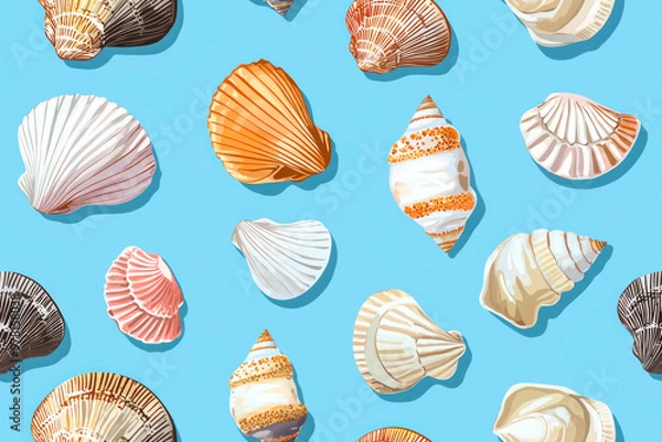 Fototapeta Shells seamless pattern. Hand drawn seashells on blue background. Marine inspired design.