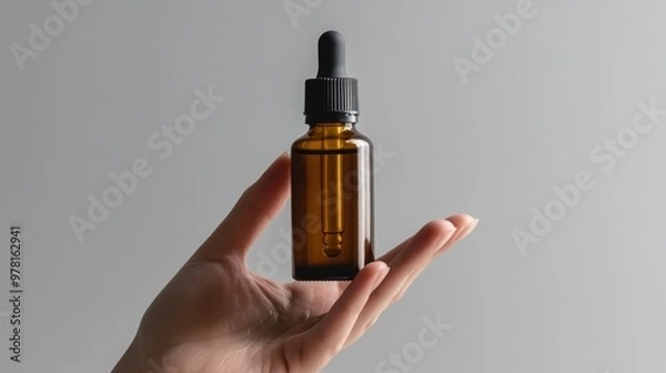 Obraz Hand holding amber dropper bottle with minimalist design