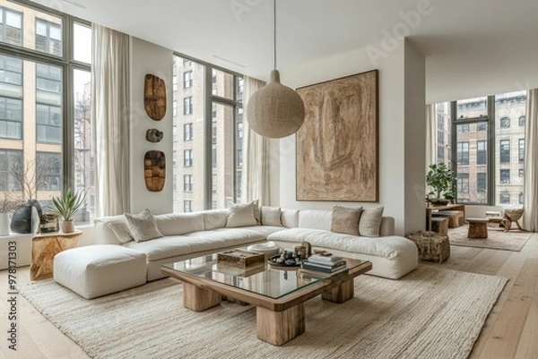 Fototapeta Modern living room with natural light and minimalist design.