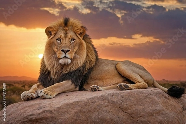 Fototapeta Lion Resting on a Rocky Outcrop at Sunset: A majestic lion lying on a rocky outcrop overlooking the vast African savannah as the sun sets.