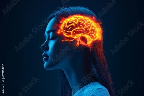 Obraz Woman with a glowing brain profile in neon light symbolizing the intersection of human thought cognitive power and the advanced potential of brain computer interface technology
