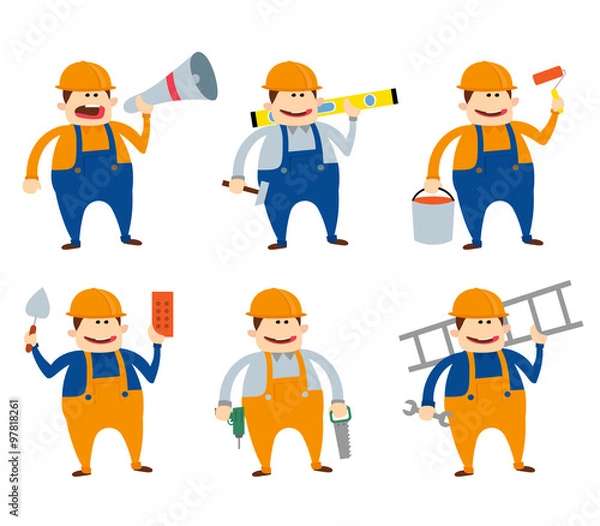 Fototapeta builders and workers cartoon illustration.worker with tools
