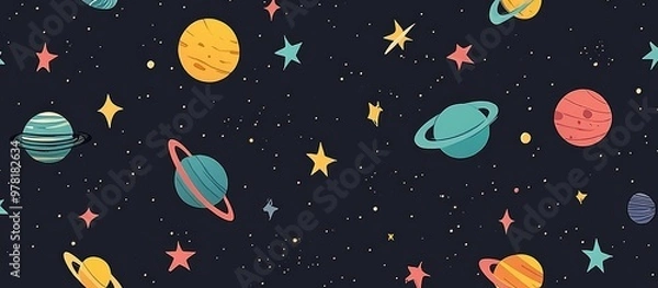 Fototapeta Seamless Cartoon Space Theme Pattern On Black Background