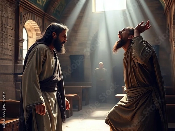Fototapeta Gospel Images from the Bible NT - Jesus casts out a demon from a possessed man in the synagogue