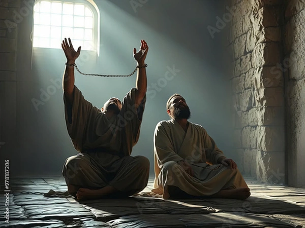 Fototapeta Gospel Images from the Bible NT - Paul and Silas singing in prison before the earthquake