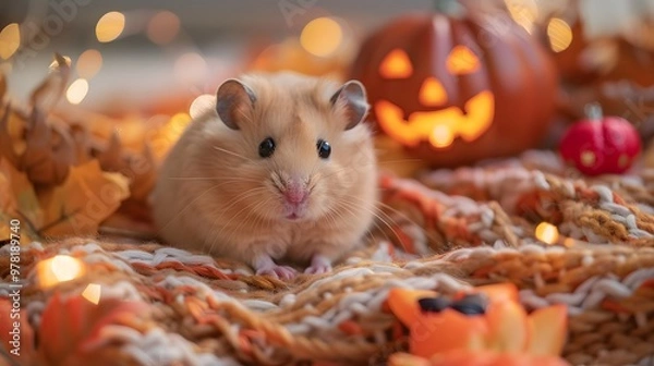 Fototapeta Content hamster sitting on a Halloween-themed blanket with Halloween toys in a cozy indoor setting