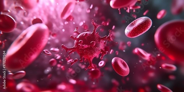 Fototapeta An abstract depiction of red blood cells and a virus, showcasing the intricate dynamics of human blood and disease.