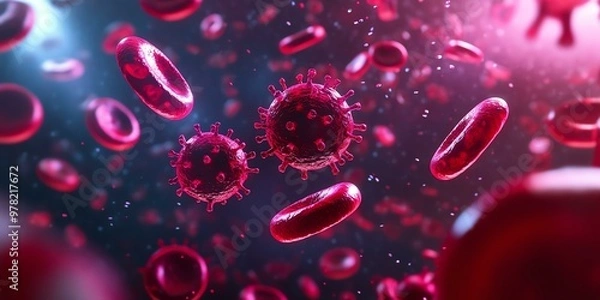 Obraz Close-up view of red blood cells and virus particles, showcasing the intricate relationship between blood and infection.