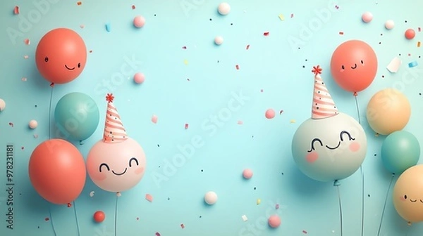 Fototapeta Cute Happy Birthday scene with smiling characters, colorful balloons, and space for copy.