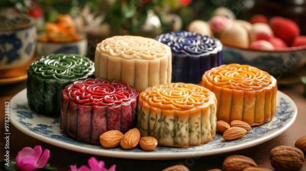 Fototapeta Delicious mooncakes made with mixed nuts and fruits, beautifully arranged