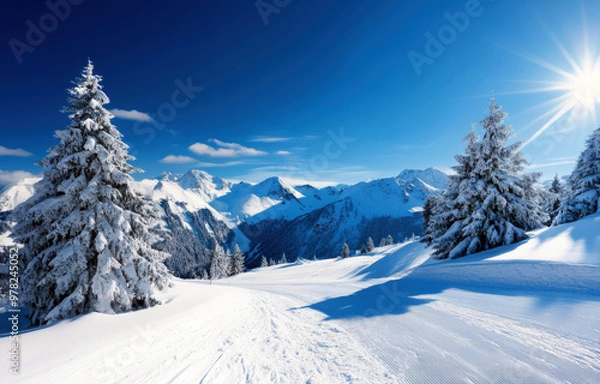 Fototapeta A snowy mountain landscape with two pine trees in the foreground. The sky is clear and blue, and the sun is shining brightly. The scene is peaceful and serene, with the snow-covered ground