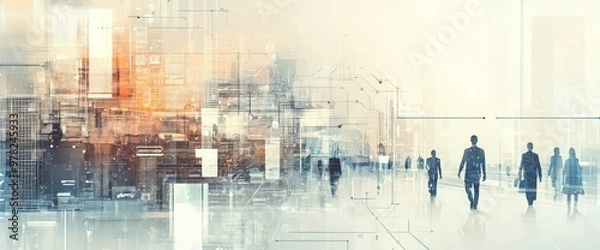 Fototapeta Abstract representation of people in a digital cityscape, symbolizing technology and connectivity.