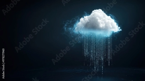 Obraz A digital cloud with binary rain, representing cloud-based data exchange.
