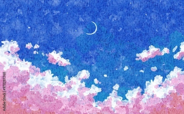 Obraz 三日月　空　雲　ファンタジー　水彩　イラスト　背景素材