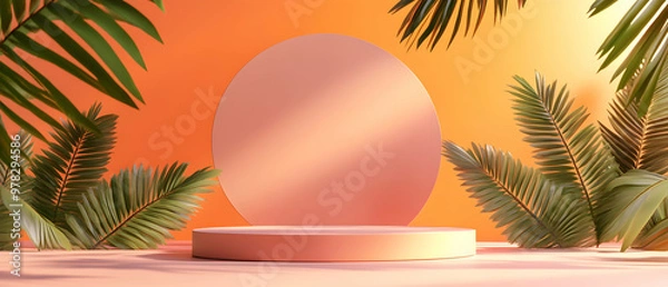 Fototapeta 3D rendering of a podium mockup scene with tropical leaves and a sunset beach background for a summer festival product presentation. The color palette is coral pink and warm yellow. Circular shapes