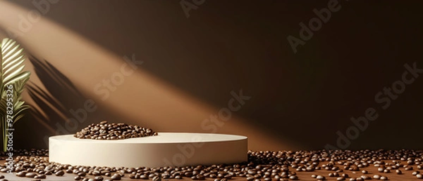 Fototapeta 3D rendering of a podium mockup scene with coffee beans and a modern cafe background for a coffee-themed product presentation. The color palette is brown and cream. Circular and geometric forms, with