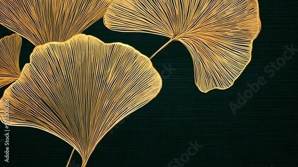 Fototapeta Stylish golden ginkgo leaf motif on a dark green canvas, intricate and high-resolution graphic art