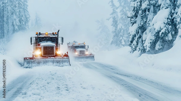 Fototapeta Snowplows struggling to clear the roads during a relentless snowstorm