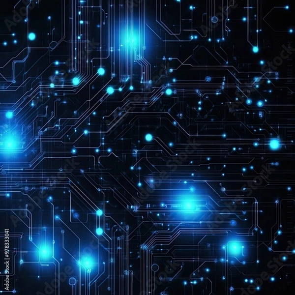 Fototapeta Abstract digital circuit board with glowing blue lights and dark background, perfect for technology and innovation themes.