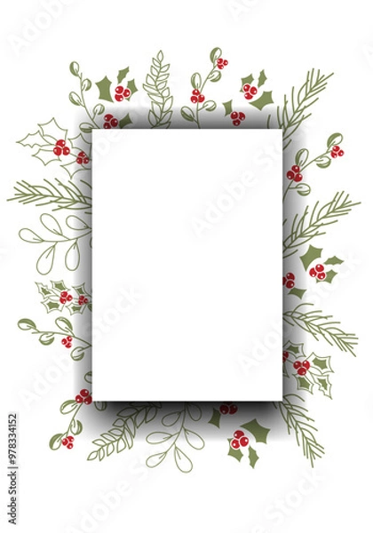 Fototapeta Vector illustration. Merry Christmas and Happy New Year floral background, copy space for your text. Rustic template for Christmas cards, wedding invitations, party invitation. Hand drawn sketch.