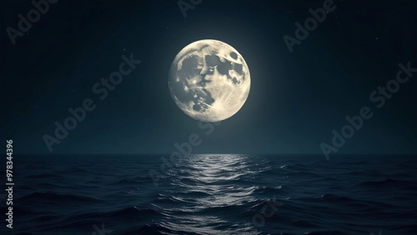 Fototapeta gleaming full moon with every crater and texture meticulously rendered hangs low in a serene night sky its silvery light dancing across undulating waves that stretch towards the horizon