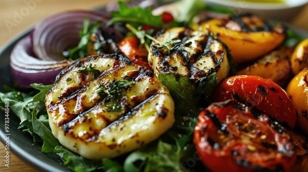 Fototapeta A grilled halloumi cheese salad, featuring grilled vegetables, fresh greens, and a drizzle of olive oil and lemon.