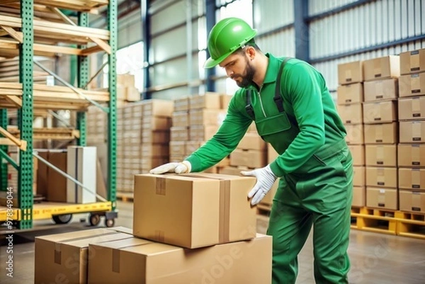Fototapeta a loader in a green uniform packs things in boxes