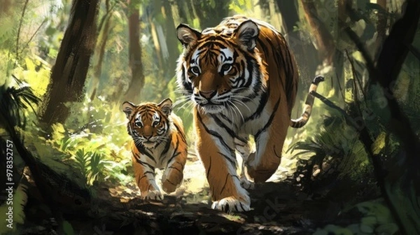 Fototapeta A tiger cub following closely behind its mother through the forest, learning the ways of the wild.