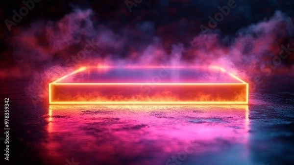 Fototapeta Neon Glow Platform: A futuristic and ethereal scene with a glowing neon platform set against a backdrop of swirling smoke. The vibrant hues of pink and blue illuminate the platform, creating an otherw