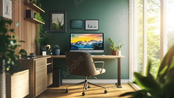 Fototapeta Modern home office with a large window and scenic view