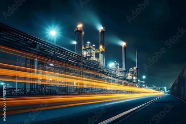 Fototapeta Night view of an industrial plant with light trails and city lights in the background.