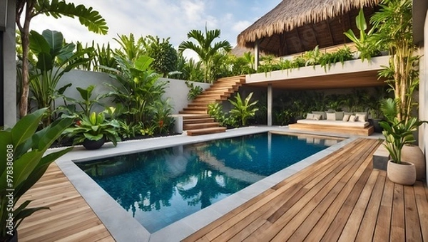 Fototapeta Luxurious outdoor pool area with a modern, tropical design. The layout features a rectangular infinity pool surrounded by a wooden deck.