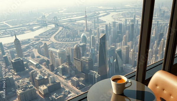 Fototapeta city view from a lofty perspective many floors above a futuristic city with a cup of coffee
