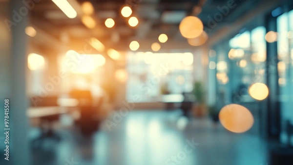 Obraz Soft focus view of a modern workspace bathed in warm light during the late afternoon