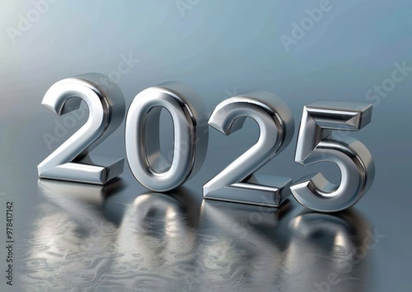 Fototapeta A Bold New Beginning: A futuristic and sleek 3D rendering of the year 2025, rendered in chrome against a sleek, metallic backdrop, signifying a fresh start, innovation