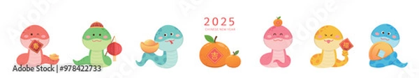 Obraz 6 cute snake characters or mascots or cartoon characters, playful and cute, vector elements for Chinese New Year, translation: auspicious